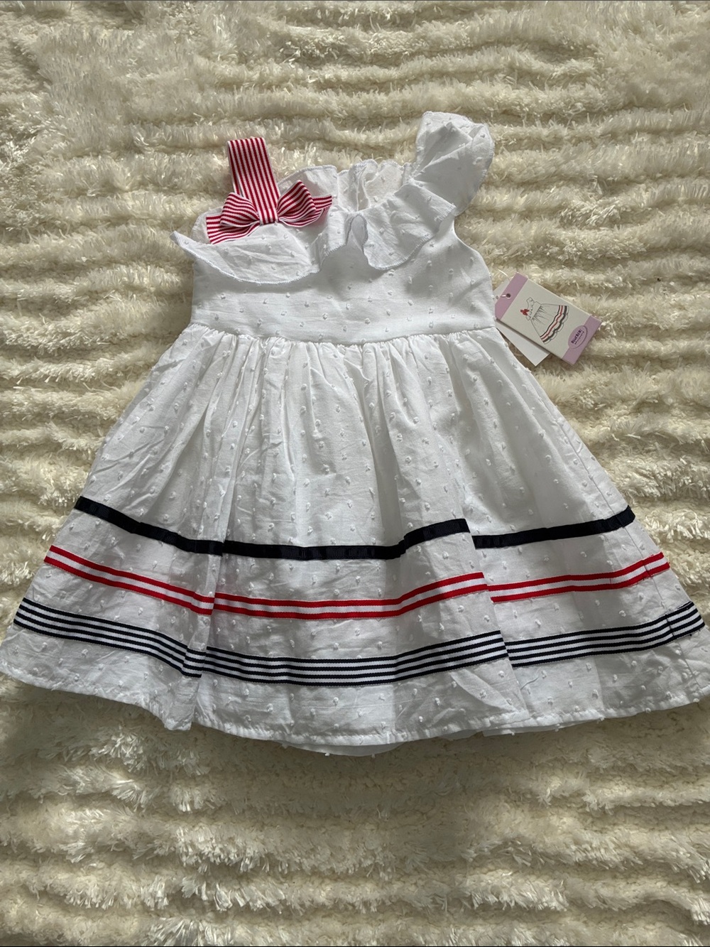 Blueberi Boulevard White Eyelet Dress with Navy and Red Stripe Accents